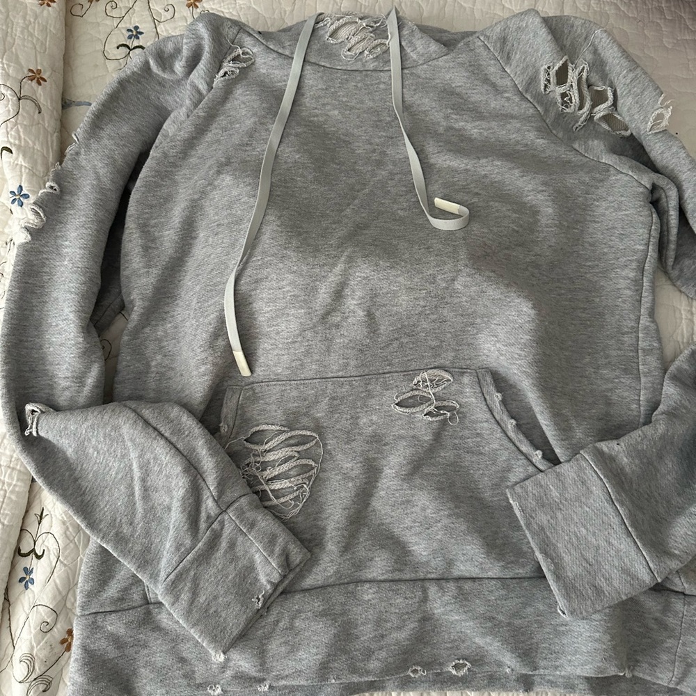 ALO Yoga Distressed Light Gray Pullover Hoodie